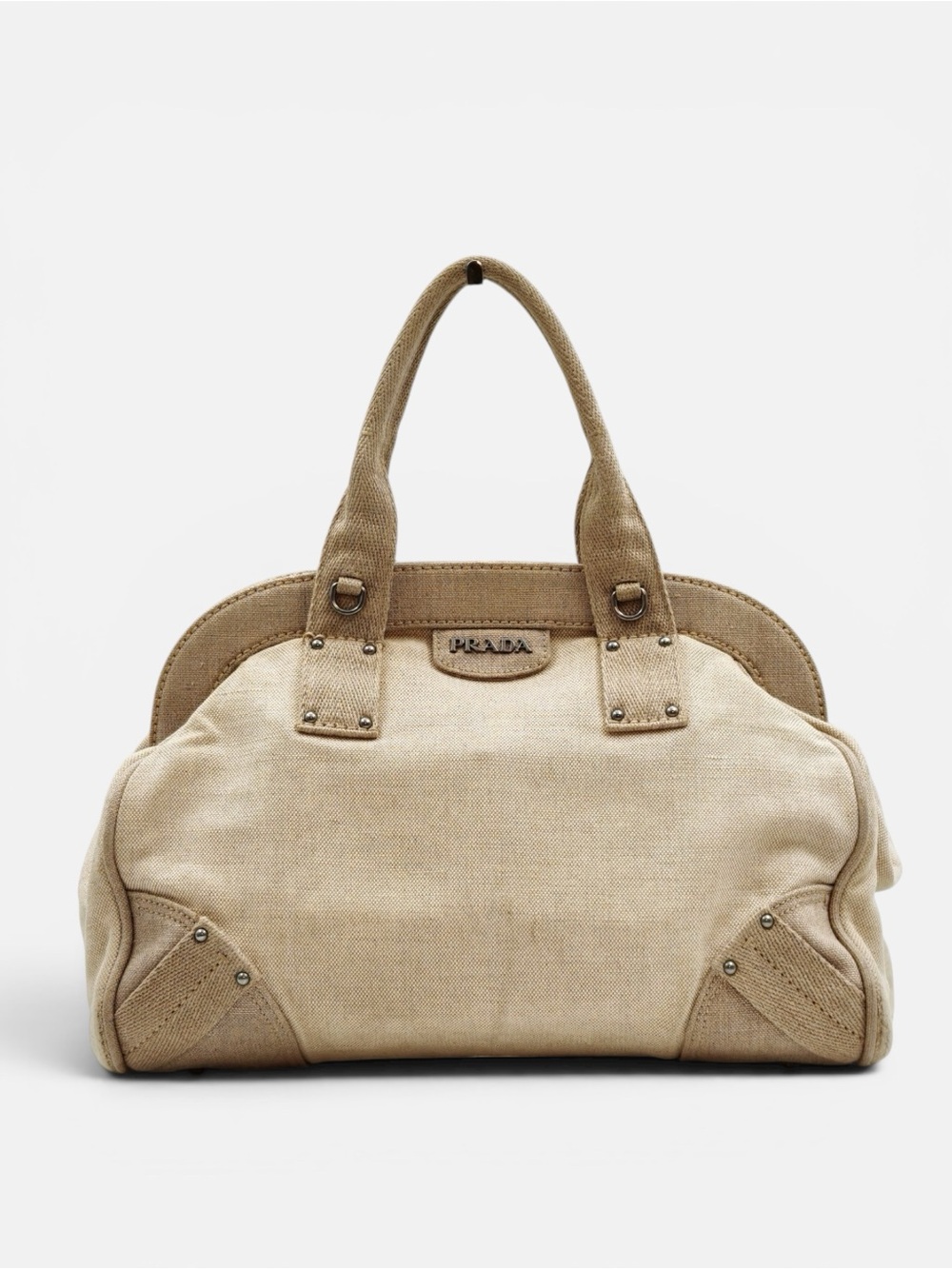 Prada Beige Canvas Satchel Handbag Linen Top Handle Tote Bag Italy